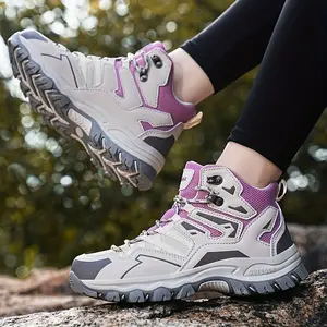 Women's High-Top Outdoor Hiking Shoes, Geometric Pattern, Plain Toe, Man-Made Upper, Breathable Mesh Panels, TPR Sole, Fabric Insole, Lace-Up Closure with Metallic Hooks, Reinforced Toe & Heel, Rugged Traction Sole for Hiking, Trekking, and