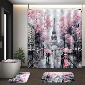 LVRLVR 4pcs Paris Eiffel Tower Cherry Blossom Rainy Street Watercolor Romantic French Bathroom Set with Shower Curtain, Bath Rugs and Hooks - 70.8"×70.8" (180×180cm)