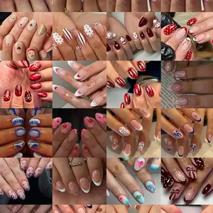 576pcs French Almond Press-On Nails, Heart Polka Dot Bow Line Star Design, Gradient Glitter, Summer Manicure Essentials, Includes Gel Adhesive and Nail Files, French Tip Nails