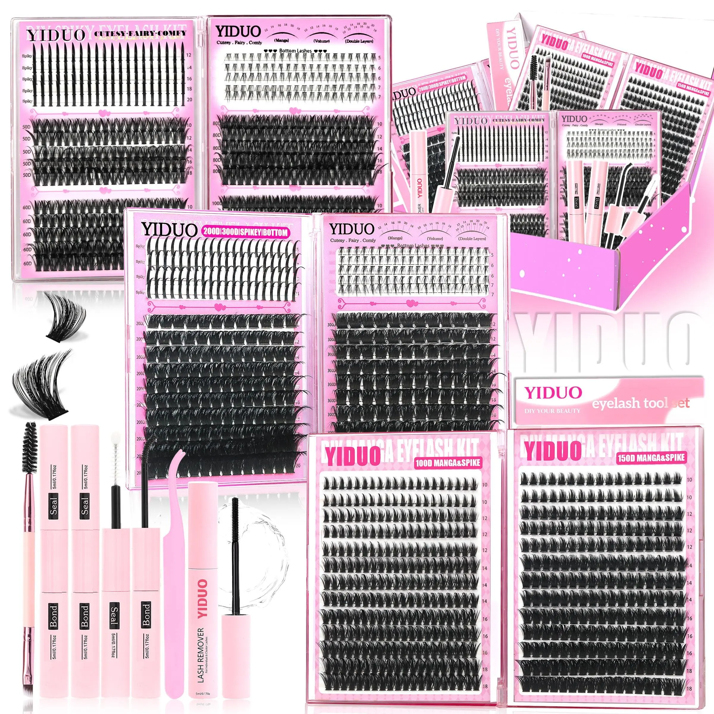 YIDUO 10 Styles Lash Clusters Kit, Lash Extension Set 50D/60D/80D/100D/Bottom/Spike/Manga/Volume 5-20mm Eyelash Extension 1488 Pcs D-Curl With Lash Bond and Seal, Lash Remover, Lash Tweezers, Eyelash Brush, DIY Lashes