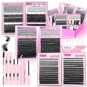YIDUO 10 Styles Lash Clusters Kit 50D/60D/80D/100D/200D/300D/Bottom/Spike/Manga/Volume 5-20mm Eyelash Extension 1488 Pcs D-Curl With Lash Bond and Seal, Lash Remover, Lash Tweezers, Eyelash Brush DIY, DIY Volume Eyelashes, Eyelash Extensions