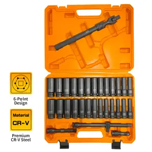 DARK DUCK 31 pcs 1/2" Socket Set, Drive Deep Impact Socket Set, Including 3 ", 5", 10"with Bit Socket Set Metric and 360° Rotation Extension Bar , Standard SAE (3/8 "- 1") and Metric (10mm-24mm), Cr-V Steel