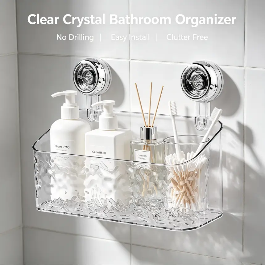 No-Drill Suction Cup Shower Caddy, Clear Glacier Textured Acrylic Wall-Mounted Bathroom Organizer Basket, Reusable Vacuum Suction Storage for Shower, Vanity, Renter-Friendly Home Accessory