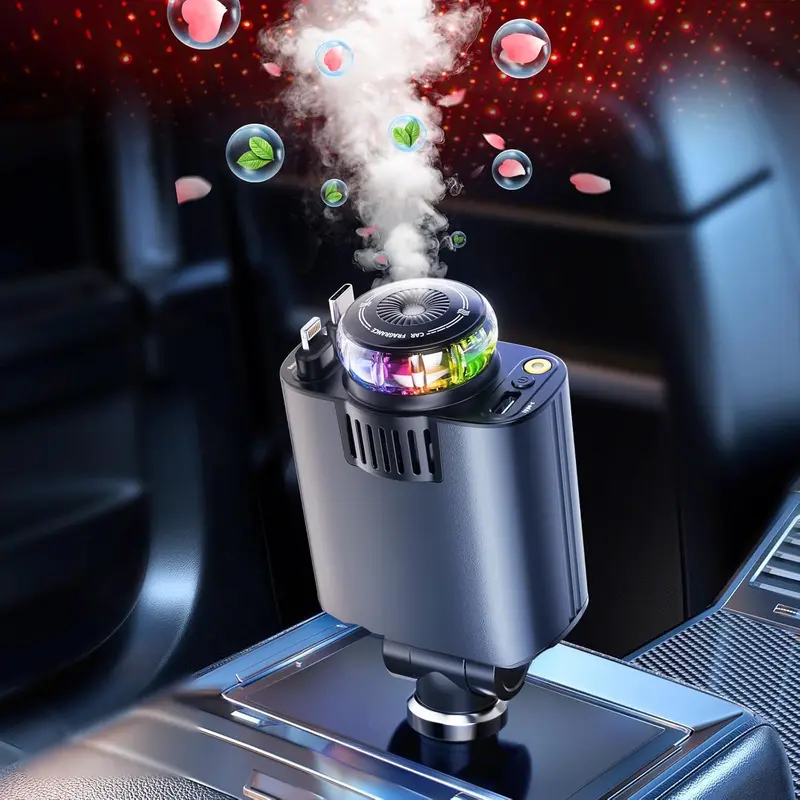 5-in-1 Fast Charging USB-C Car Charger - Extendable Retractable Adapter with 2 Cords, Roof Starlight Design, Aromatherapy Essential Oil Diffuser, Compatible with iPhone 17 & Android Devices
