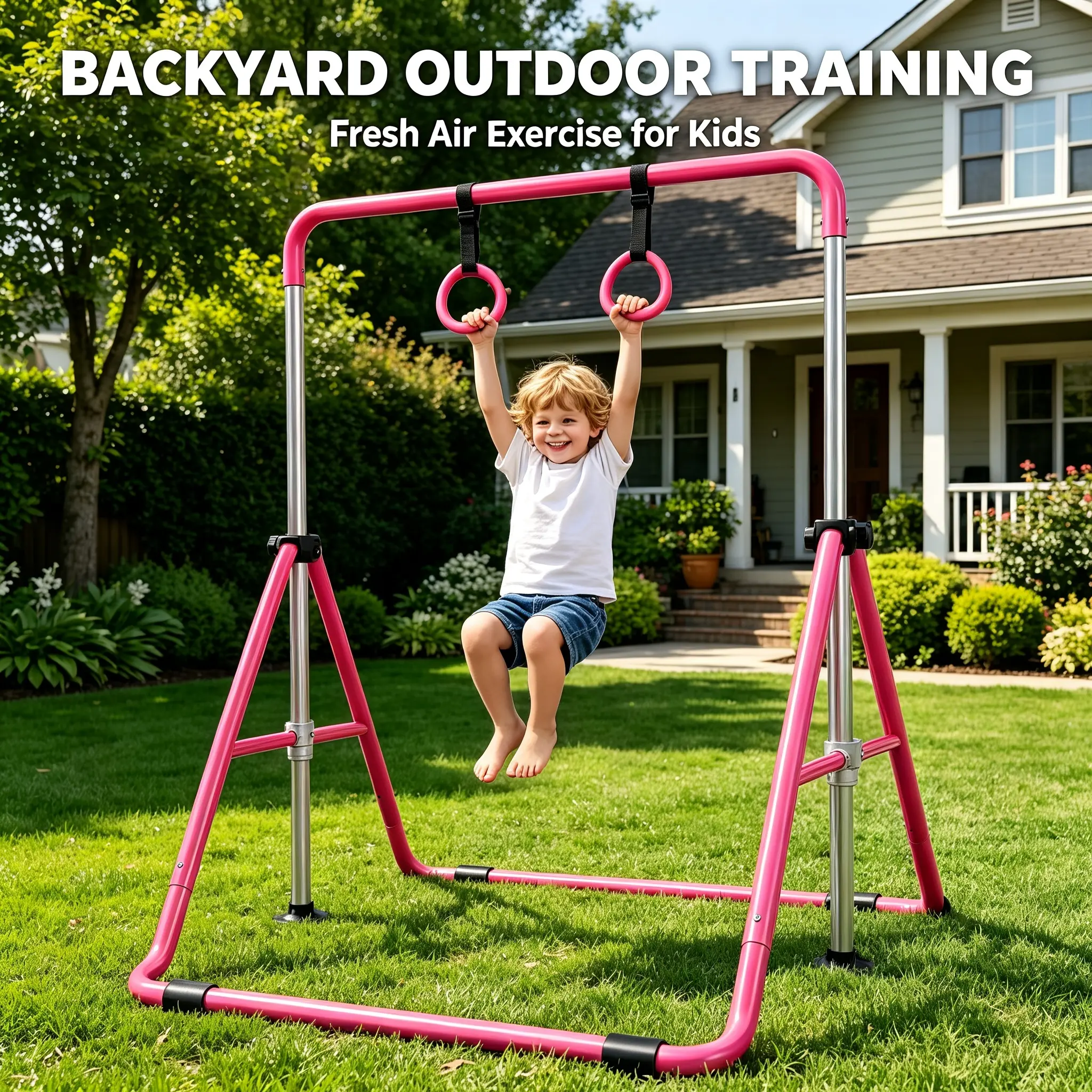 Adjustable Kids Horizontal Gymnastics Bar with Gymnastic Rings - Foldable, Portable, Heavy-Duty Steel Toddler Home Gym Equipment for Boys & Girls 3-8 (Indoor, Backyard Use) practice  Professional Dancing