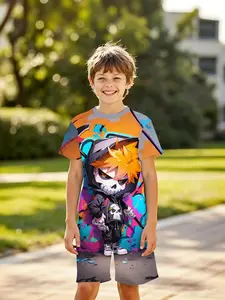 Street Graffiti Cool American Cartoon Skull Boy Junior Short Sleeve Set Outfit, Outdoor Wear, Birthday Gift, Holiday Gift, Casual Style