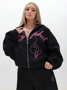 BABYPHAT Women Oversized Zip Up Sweatshirt With Script Print Sweatshirt Pullover Winter Casual Lounge Wear