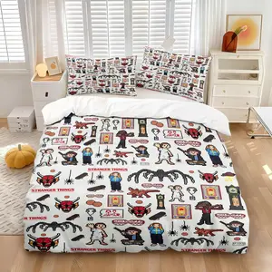 Stranger Things Nostalgic TV Show Character Print Duvet Cover Set, Includes Quilt Cover and 1/2 Pillowcases, TV Show Themed Comforter Cover Decor for Fans, All-Season Bedroom Bedding