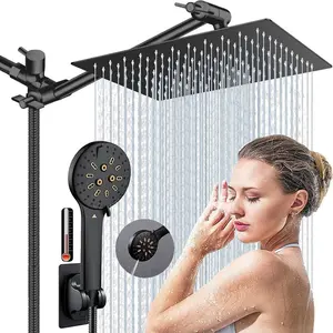Shower Head, 10'' High Pressure Rainfall Shower Head with 6 Settings Handheld Shower Combo with 11''Extension Arm, Anti-leak Square Rain Shower Head with 78'' Hose/Holder
