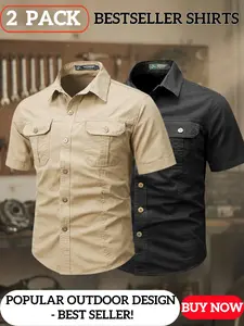 Men's Rugged Cotton Short Sleeve Cargo Shirts, Bestseller 2-Pack Utility Shirts, Perfect Workwear for Outdoor & Mechanic Jobs