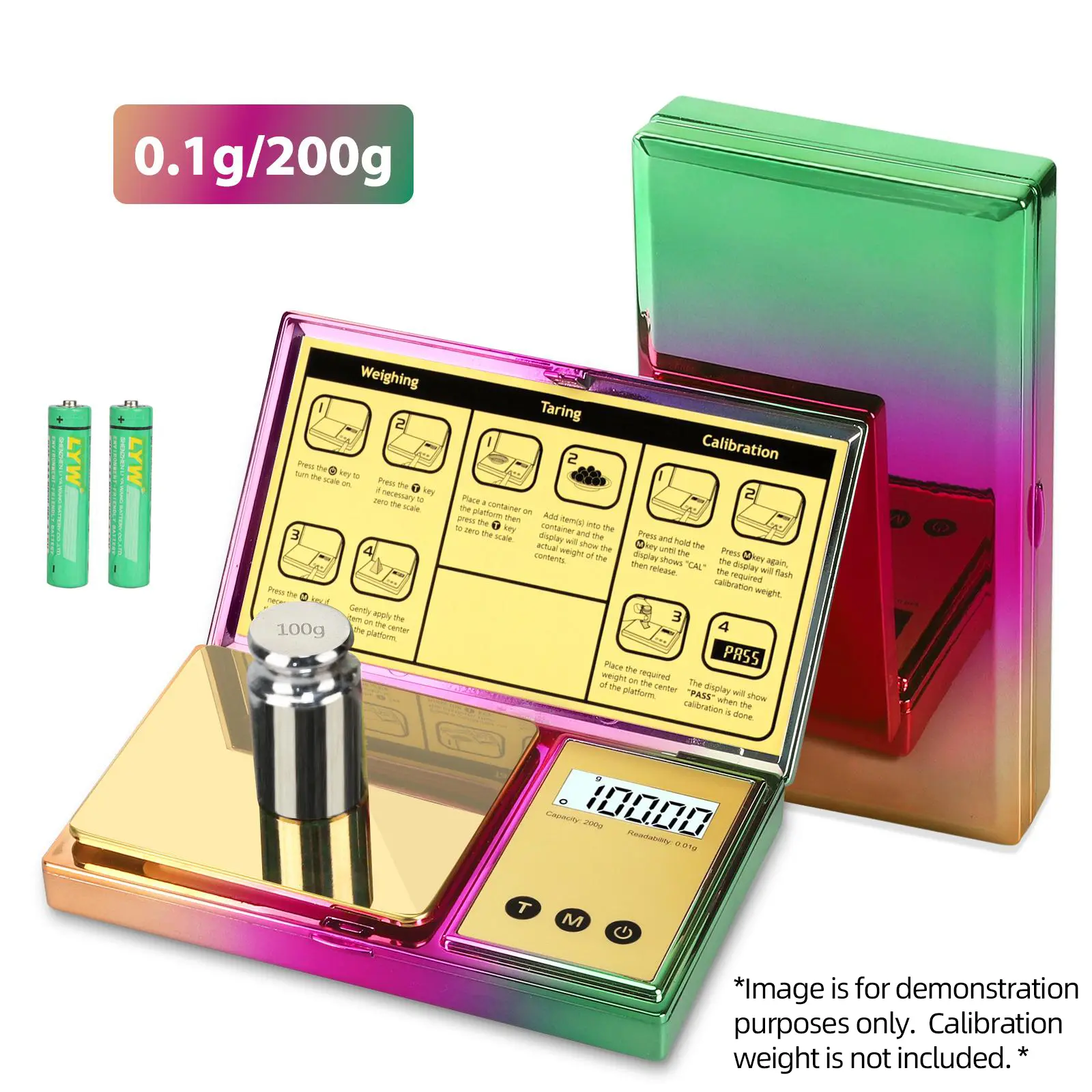 iiiBUMWOW High Precision Digital Stainless Steel Scale with Lid - 200g/0.01g Portable Industrial Scale, Backlit LCD Display, 6 Units, Tare Function, 180s Autooff, for Kitchens, Gold, Jewelry, Weighing Scale, Scale + Lid