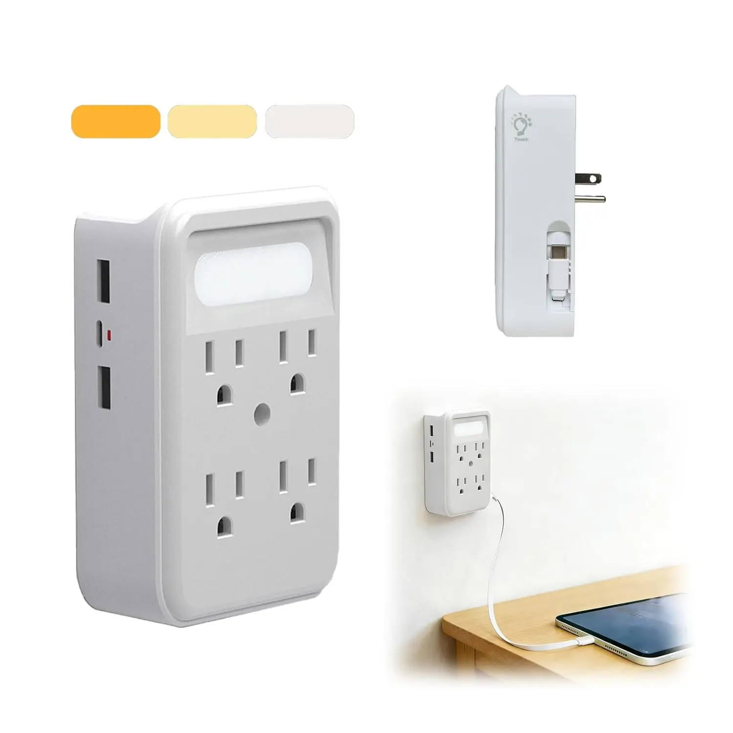 MUDIE New Product Launch - Wall Socket Extender, featuring a built-in retractable Type-C charging cable, phone holder, night light, multiple sockets, USB charger, 6 AC ports, 2 USB ports, and 1 Type-C port. Suitable for home and office use.