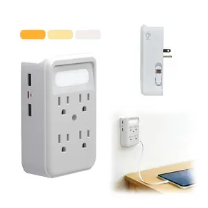 New Product Launch - Wall Socket Extender, featuring a built-in retractable Type-C charging cable, phone holder, night light, multiple sockets, USB charger, 6 AC ports, 2 USB ports, and 1 Type-C port. Suitable for home and office use.