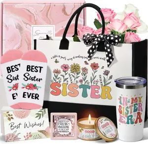 Sisters Gifts for Christmas Sister Gifts from Brother Sis, Birthday  Set for Sister-in-Law Soul Sisters, Funny Friendship  for Women  Bestie Retro Basket for w/Canvas Tote Bag