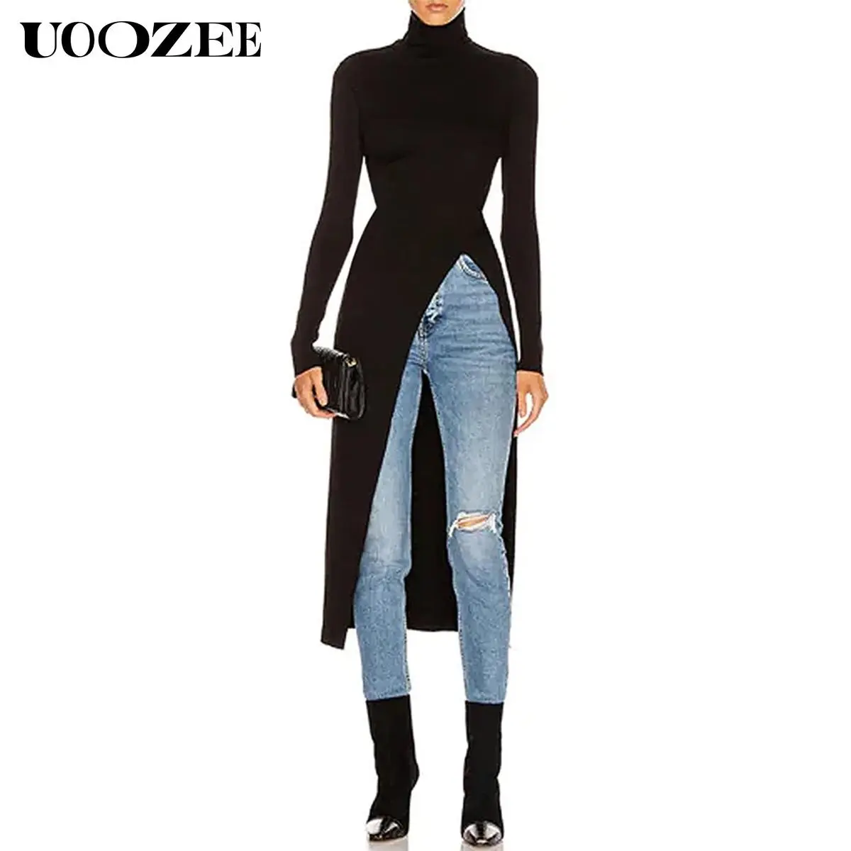 UOOZEE Women's Basic Polyester Turtleneck Top, Minimalist Solid Full-Sleeve Commute-Ready Knit Pullover with Split Hem for Office & Daily Wear UOOZEE Women's Basic Polyester Turtleneck Top, Minimalist Solid Full-Sleeve Commute-Ready Knit Pullover with Split Hem for Office & Daily Wear