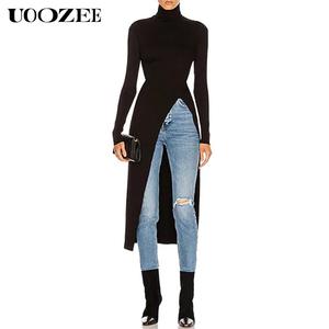 UOOZEE Women's Minimalist High Neck Long Sleeve Basic Knit Top - Tight Solid Color Split Polyester, Elastic Comfortable Fabric, Chic Elegant Casual Design, Suitable for Daily Leisure & Office Commuting Fall Tops for Women