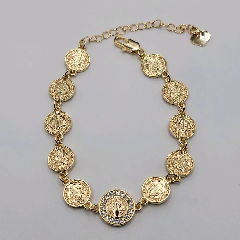 Saint Benedict Bracelet With Clear Stones Adjustable 7 to 9 inches Long (San Benito), 12mm wide  Laminated Gold jewerly Faith Wear Jewelry