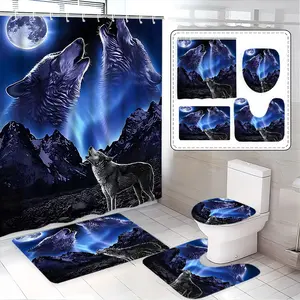 Wolf Howl Aurora Bathroom Set, Moonlit Wolf Pack Four-Piece, Elegant Bath Curtain Set, Includes Mat, Toilet Cover, U-Shaped Pad, Shower Curtain Sets