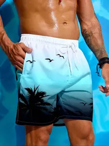 Men's Coconut Tree Pattern Waistband Beach Shorts, Swimming Shorts, Gradient Print Casual Sports Pants, Men's Swim Trunks, Fitted Short Length