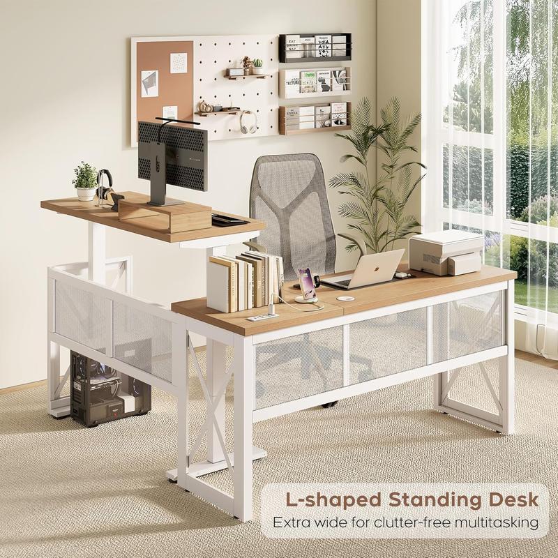 L Shape Standing Desk, Electric Corner Desk Height Adjustable, 61x60 Computer Desk with 4-in-1 Outlet, for Work Home Office, Livestreaming, Gaming, Light Oak