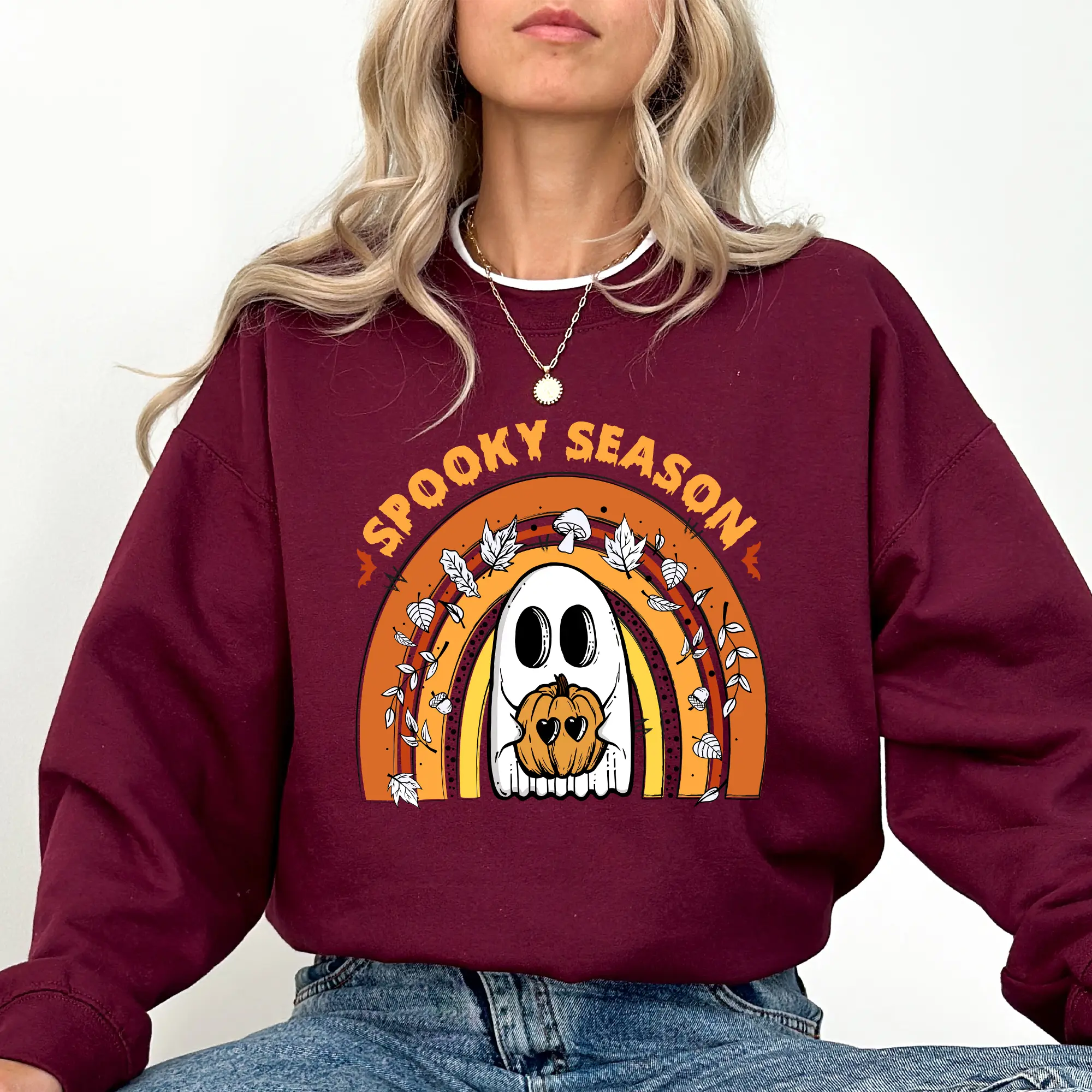 Spooky Season Rainbow Ghost Sweatshirt, Cute Ghost Halloween Sweatshirt, Creepy Pumpkin Ghost Sweater, Scary Halloween Crewneck, Spooky Season Sweatshirt, Comfy Long Sleeve Pullover, Fall Autumn Women's Tops, Casual Womenswear, Comfort Fabric Cotton Top