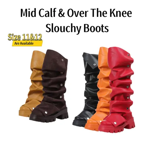 AMMINUGAL Women's Slouchy Western Mid-Calf Boots - Round Toe, Pull-On Entry, Fold-Over Chic Cover, Platform Heel, Quick Outfit Ranch Cowgirl Booties, Mid-Calf Length, Chic Cover