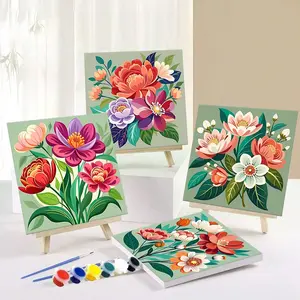 4pcs Paint By Numbers Kit for Adults Beginners -8x8in/20x20cm Color Canvas, Easy DIY Floral Acrylic Painting Set - Home Decor, Creative Gift for Birthday, Mother's Day and Christmas, Without Frame, Art Painting Kit, Art Supplies