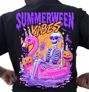 Summer Vibes Skeleton Black Short Sleeve Graphic Tee with Flamingo Float Design