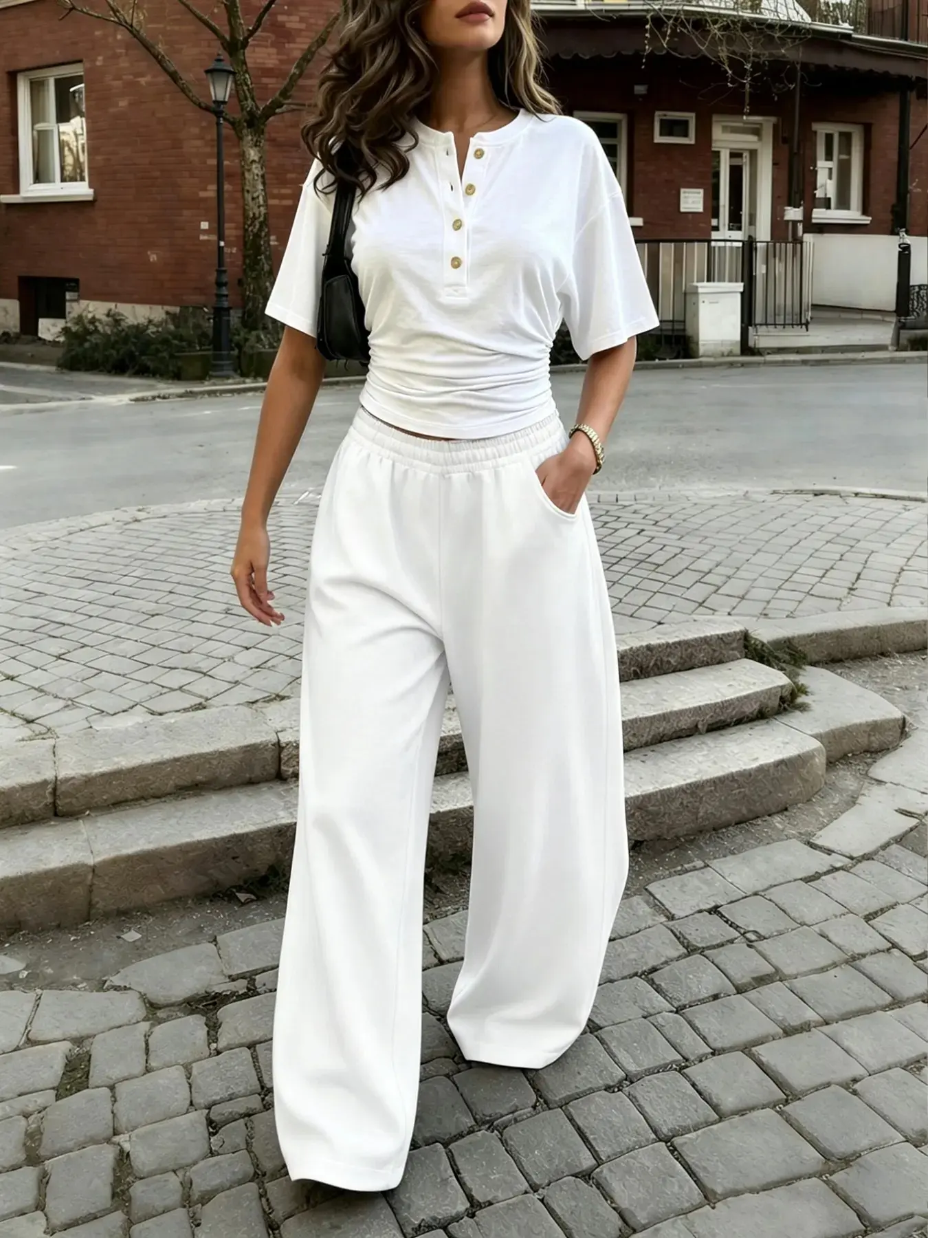 Women's Two-Piece Set, Basic Casual Minimalist Spring Summer, Slim-Fit Crop Top and Long Pants, Plain Henry Neck T-Shirt, Comfortable Daily Wear, Everyday, Clothes Set