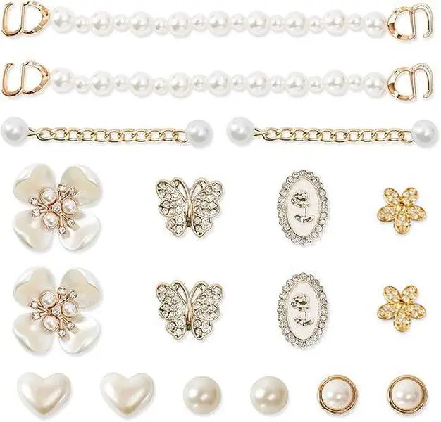 18Pcs Luxury Gold Bling Shoe Charms, Sparkly Rhinestone Butterfly Flower Pearl Chain Clog Shoe Accessories, Elegant Jewelry Shoe Decor for Women, Perfect Birthday Party Favor Holiday DIY Footwear Ornament Gift