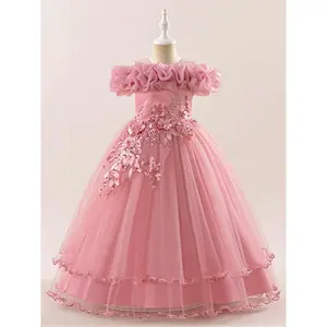 Girl's Cold Shoulder Faux Pearl Decor Bowknot Design Tiered Layer Dress, Elegant Floral Embroidering Short Sleeve Dress