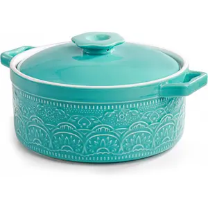 2 Quart Round Ceramic Casserole Dish with Lid, 7.5 Inch Covered Casserole for Oven, Glazed Ceramic Baking Dish  Bakeware for Kitchen, Turquoise