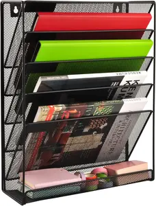 Wall File Organizer Holder Mesh Hanging Paper Document Holder,Vertical 6 Pocket Tier for Office Home, Black