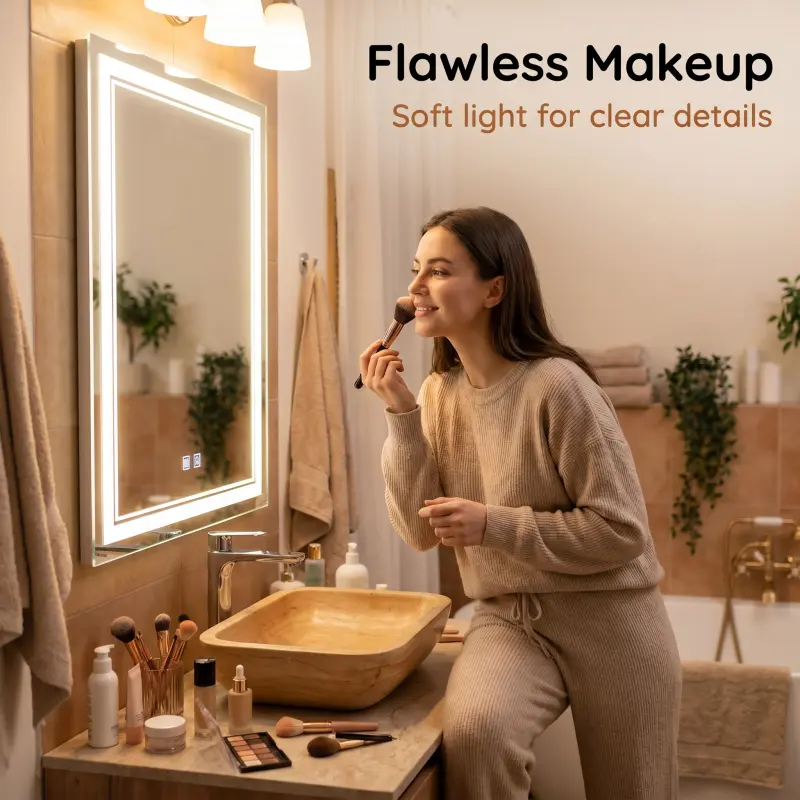 SHAMATE 16x24in Modern Wall-Mount Lighted Wall Mirror - Anti-Fog, Dual Touch Controls, Dimmable Polished Glass Front-Lit Bathroom Mirror for Flawless Makeup, Home Improvement LED