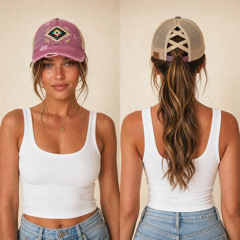 C.C Criss-Cross Ponytail Cap with Distressed Aztec Patch for Women, Perfect for Memorial Day, July 4th Hats Casual Outfits Cap Ball Cap Cotton Caps With Designs Casual Baseball Cap Fitted Commemorative Cool General Hat Design