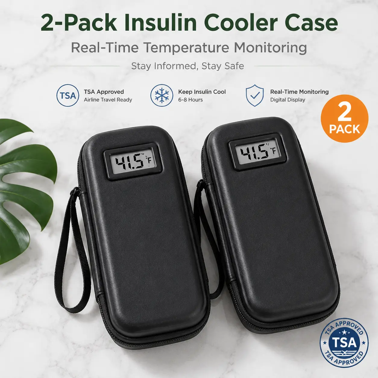 [2-Pack] Reusable Insulin Cooler Travel Bag with LCD Temp Display - TSA Approved, 0.6 lb Expandable Lightweight Bag with 2 x TSA Approved Ice Packs, Diabetes Meal Guide for Diabetics Home Organization