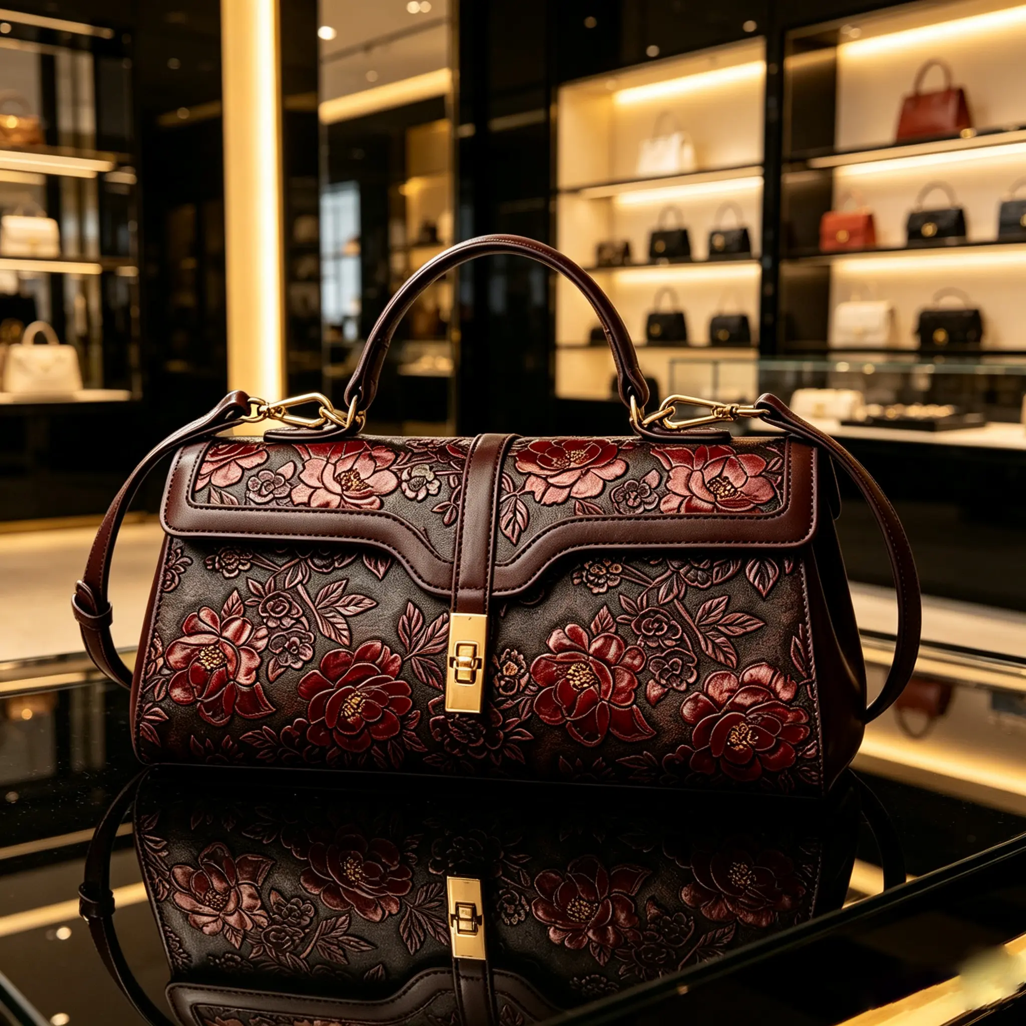 Women's Textured Floral Aesthetic Handbag - Faux Leather, Gold Hardware, Adjustable Strap, Multi-Pocket Classic Sweet Casual Elegant Vintage Chic Daily Luggage & Bags Accessory