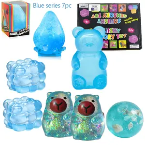 Toy set, including 1 teddy bear, 2 Capibala, 2 Rubik's cubes, 1 dreamy water droplet, 1 ocean ball, stress relief toy, Mochi squeeze toy, Fidget cute things, suitable for girls, boys, children and adults