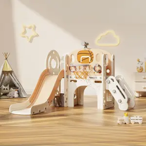 BIERUM 9-in-1 Toddler Slide & Activity Playset: Basketball, Ring Toss, Telescope for Ages 1-3 ,Indoor Outdoor Use,Blue Yellow Design