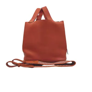 Pre-owned HERMÈS HZ7 Picotin Lock Bucket Bag — Orange Litchi Grained Top Grain Cowhide with Woven Leather Wide Shoulder Strap 61126