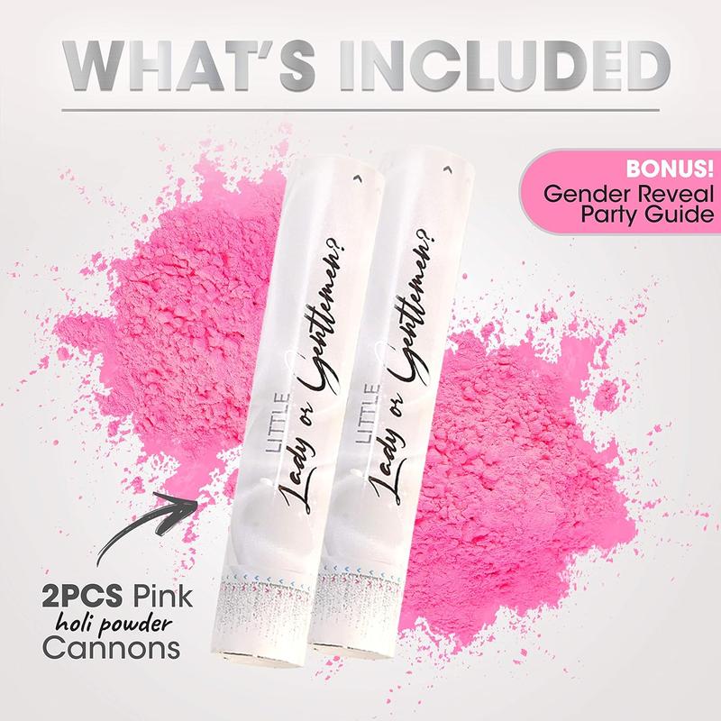 Gender Reveal Confetti Cannon - Biodegradable Powder Party Poppers - Pink 2 Pack - Baby Girl Gender Reveal Smoke Bomb Cannons Confetti Poppers