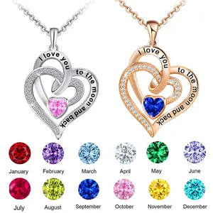 Lettering Necklace Double Heart Diamond Birthstone Necklace