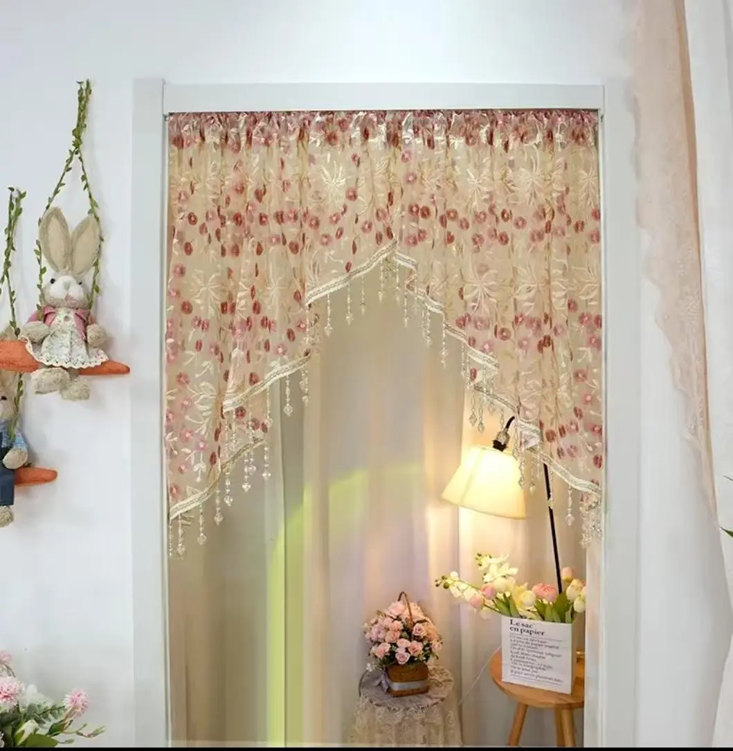 Retro country-style floral semi-sheer door curtain with beaded fringe and an arched design, perfect for entryways, bedrooms, closets, kitchens, and apartment decor; makes a great housewarming gift