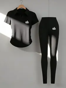 Women's American Style Spring Summer New Slim Comfortable Belted Collar Short Sleeve Top + Yoga Sport Elastic Long Pants