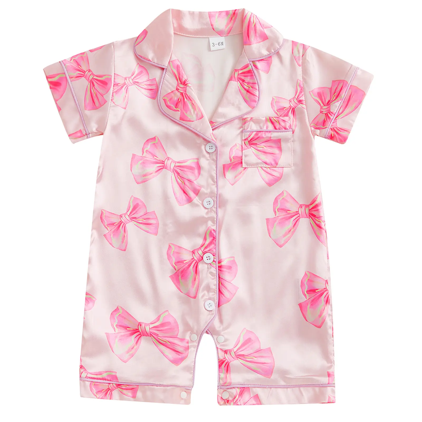 Newborn Baby Girl Bow Silk Pajamas Rompers Button Down Short Sleeve Satin Infant Pjs Satin Sleepwear Jumpsuit Shorts