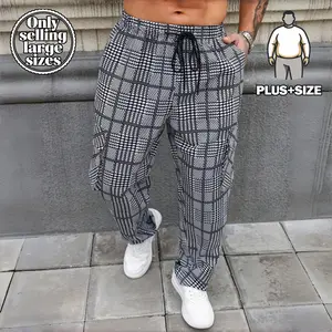 Men's Plus Size Plaid Joggers Casual Loose Fit Drawstring Waist Big Tall Cargo Pants Black White Pattern Comfortable Streetwear Style Trousers for Overweight Men