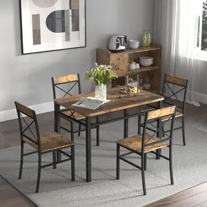 Dining Table Set for 4, 5 Piece Wood Kitchen Table with Chairs Dinning Table Set for Kitchen & Dining Room, Compact Dining Set for Small Spaces, Rustic Brown (Black+Brown)