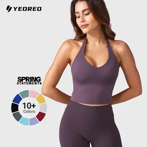 YEOREO Women's Halter Crop Top V Neck Workout Going Out Tank Top Hazel Padded Sleeveless Backless Trendy Summer Camisole