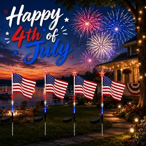 Outdoor Garden Path Patriotic Lights, 2 Pack Solar American Flag Star Lights, Waterproof Decor for Independence Day 250th Anniversary Celebration