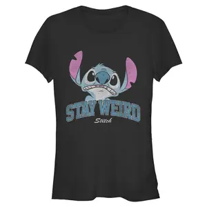Juniors Womens Lilo & Stitch Distressed Stay Weird Alien T Shirt